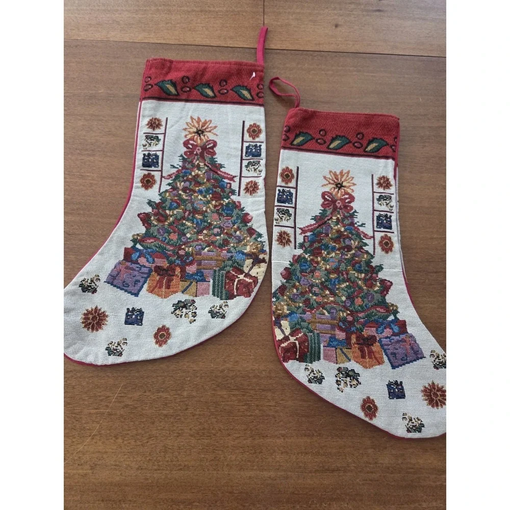 Pair Of Tapestry Christmas Tree Stockings Two Traditional Christmas Stockings